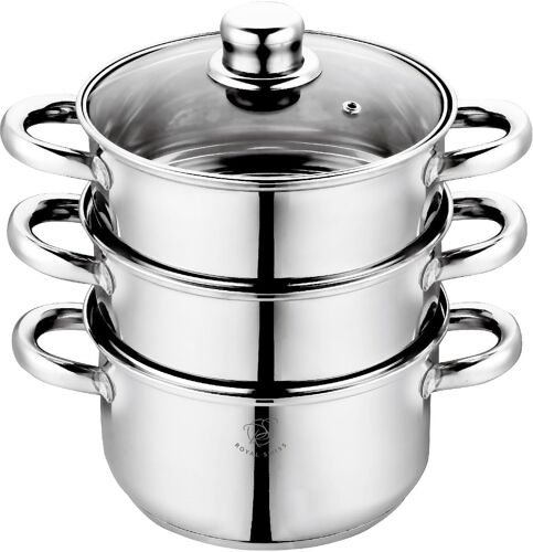 Subzonal-Combiné Vapeur 3 Corps En Acier Inoxydable - Poignées Fixes - Cuisson Saine Et Respectueuse Des Vitamines - Pour Induction, Gaz Et Électrique - Couvercle En Verre Avec Sortie Vapeur (22cm)