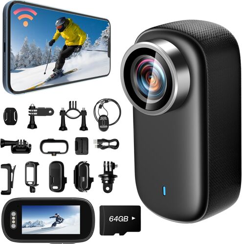 MEVRONISSHOP-Mini Camera Sport 4K UHD WiFi avec Écran 64GB, 150° Grand Angle & IP65 Étanche Caméra 360 Moto, Anti-Vibration Portable Camera Velo ¿ Idéal pour Les Activités Sportives et de Plein Air