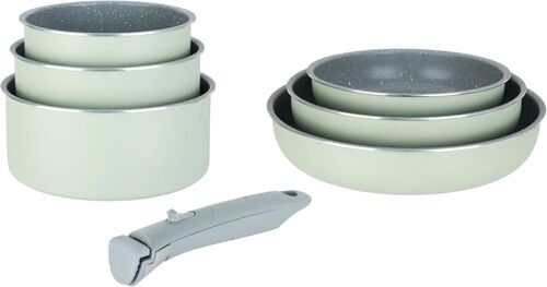 Subzonal-716939 Batterie De Cuisine 7 Pcs Alu Pressé Vert + Revêtement Céramique Sain Sans Pfas ¿ 3 Poêles Ø20/24/28cm + 3 Casseroles Ø16/18/20cm + Manche Amovible - Tous Feux Dont Induction
