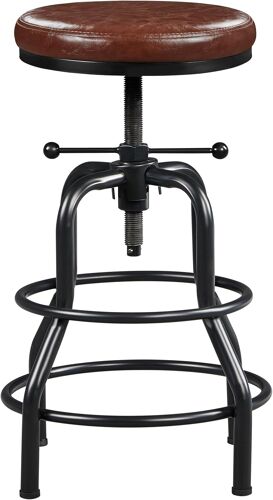 SUBZONAL-Tabouret de Bar Industriel en Similicuir Tabouret Haut Rond Réglable en Hauteur avec Deux Repose-Pieds Tabouret de Comptoir pour Cuisine Restaurant Design Néo-rétro Marron