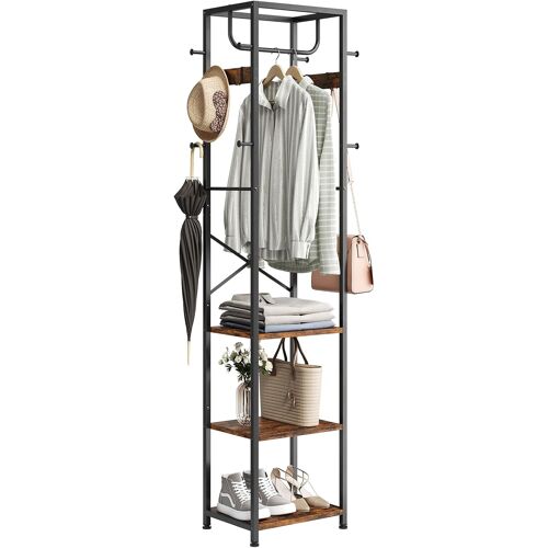 SUBZONAL-Portemanteau autoportant, avec 3 étagères de rangement et 12 crochets, étagère à vêtements en métal pour chambre à coucher, couloir, entrée, bureau, salon, marron rustique