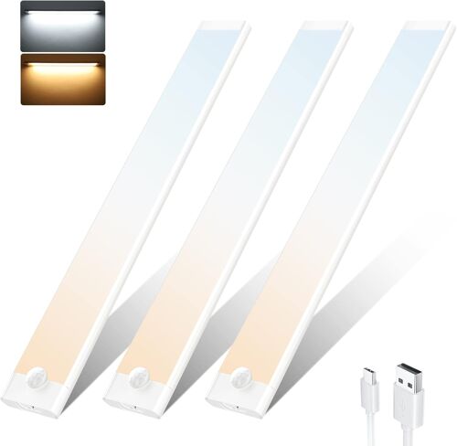 SUBZONAL-lampe detecteur de mouvement interieur, 3 Pack 2000mAh USB-C Rechargeable reglette led cuisine, 3 mode 2 Couleurs 72 LED Lampe de Placard pour Armoire Escalier Cuisine Classe énergétique F