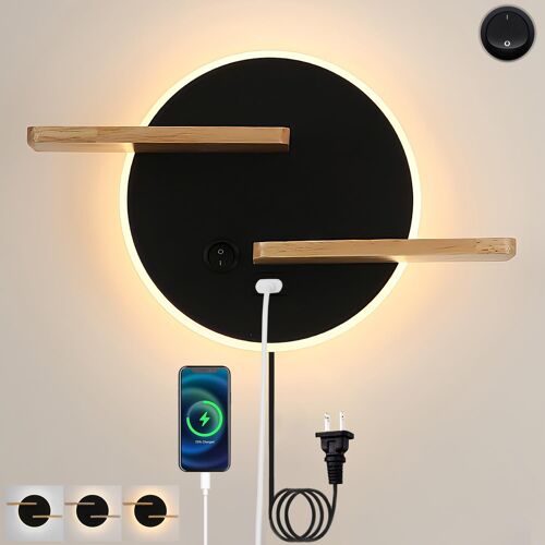 Subzonal-Applique Murale Chambre Avec Interrupteur 3 Température Led Lampe De Chevet Avec Port De Charge Usb Et Plateau Applique Liseuse 9w Lampe Murale En Bois Pour Salon Bureau Hôtel, Noir