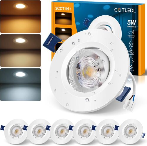 Subzonal-Spots Led Encastrables Orientable, 5w 500lm Spots De Plafond Extra Plat Encastré Blanc Chaud 3000k Blanc Neutre 4000k Blanc Froid 6500k,Ip44 Spot Pour Salle De Bain,Trou ¿65-80mm, Lot De 6
