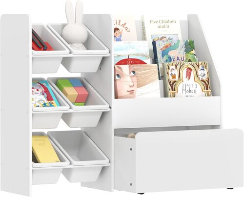 Subzonal-Meuble Rangement Enfant, Rangement Jouet Enfant, 6 Bacs Amovibles Et Grand Coffre À Roulettes, Bibliothèque À 3 Niveaux Pour Chambre Ou Salle De Jeux, Blanc