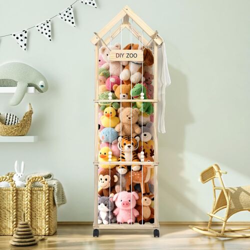 SUBZONAL-Rangement Peluche de Enfant, Range Peluche en Bois Roues, 146 * 42 * 32cm,Meuble Rangement Jouet Enfant pour Chambre d'enfant, Salle de Jeux avec Sac¿avec Toit¿