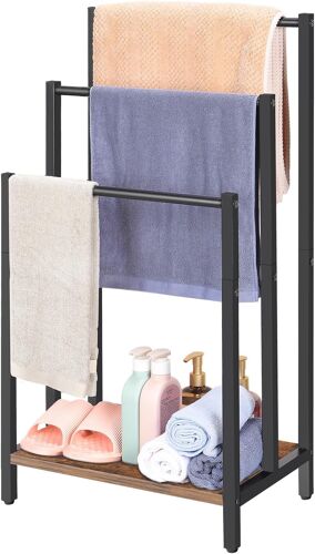 SUBZONAL-Porte-Serviettes sur Pied 3 Barres Range-Serviettes en métal Portant pour vêtements Support Salle de Bain avec étagère de Rangement, 43.5 x 28 x 82 cm, Noir et Marron