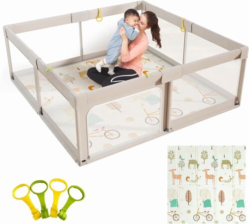 Subzonal-Mloong 150x150x68cm Parc Bebe Avec Tapis - Parc De Jeux Bébé Avec Filet Respirant Sur Quatre Côtés Et Ventouses