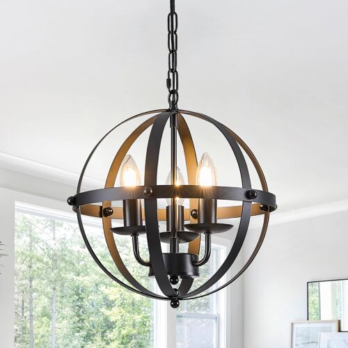 Subzonal-Suspension Industriel Globe Pendentif Éclairage Lustre Vintage Sphérique Suspendu Plafonnier Pour Îlot De Cuisine Table À Manger Ferme E14 Noir 3 Lumière