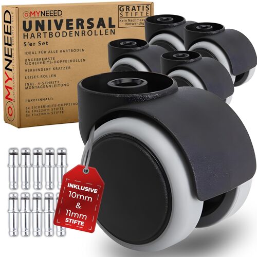 SUBZONAL-Roulettes pour sols durs 10 mm/11 mm pour toutes les marques de chaises de bureau ¿ Roulettes résistantes sans goupille pour sols stratifiés, parquets, carrelages ¿ Sans rayures et silencieu