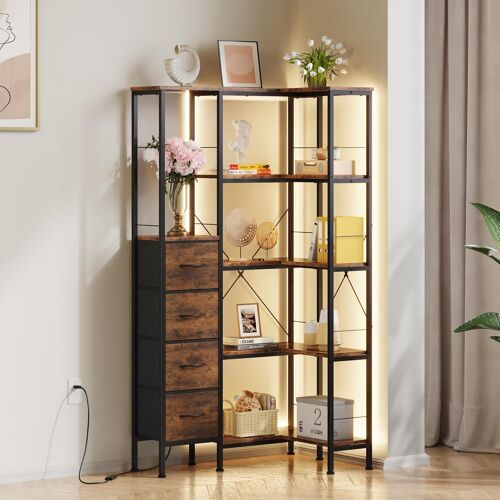 SUBZONAL-tagère d'angle avec Éclairage LED Bibliotheque d'angle à 5 Niveaux et 4 Tiroirs en Tissu Meuble d'angle Bibliothèque Industrielle Armoire d'angle pour Salon Chambre Bureau Marron Rustique