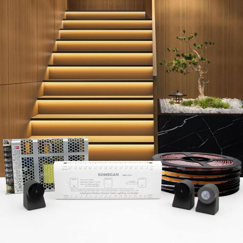 SUBZONAL-Smart Motion Sensing Treppenbeleuchtungsset KMG-3233, 100 cm langer, zuschneidbarer LED-Lichtstreifen für Innentreppen (Warmweiß 3000K, 16 Stufen)