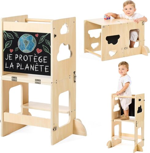SUBZONAL-Tour d observation enfant ¿ Tour d'observation montessori pliable 3 en 1 Premium: convertible en bureau avec ardoise, bois FSC, entreprise durable engagée dans la reforestation, pour enfants