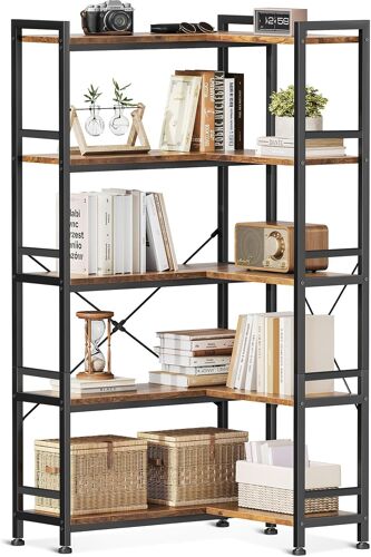 SUBZONAL-Bibliothèque d'angle 5 Niveaux, étagère Bibliothèque Meuble de Rangement en L avec 5 Étagères, pour Salon Bureau Domicile Chambre, Marron, 72.8 x 65.3 x 145.5