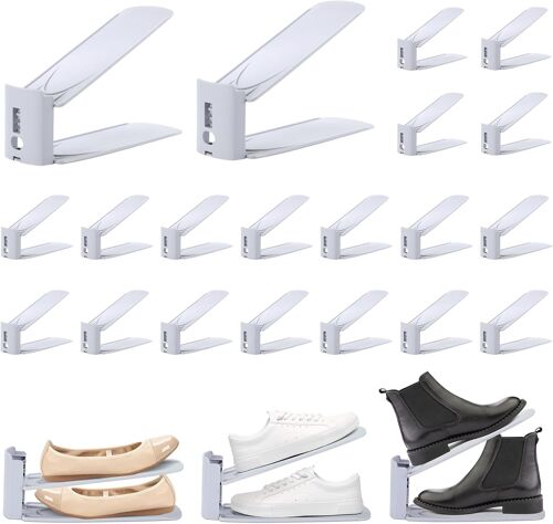 SUBZONAL-20Pcs Support Chaussures Gain de Place, Rangement Chaussure Réglable à 3 Niveaux, Organisateur Chaussures Antidérapant, Support Chaussures pour Stockage et Affichage les Talons Hauts, Sport,