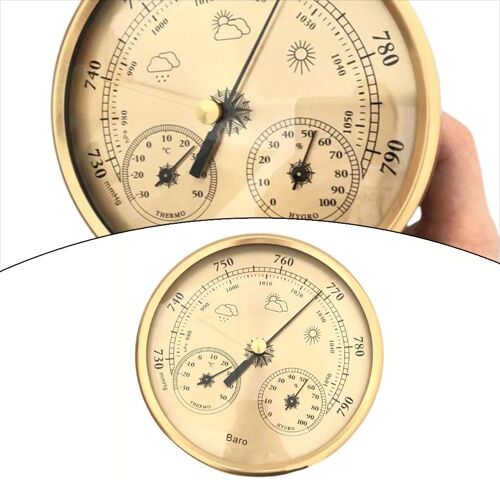 SUBZONAL-Baromètre 3 en 1 avec thermomètre et hygromètre, mesure de la température, de l'humidité et de la pression atmosphérique, pour intérieur et extérieur, 130 mm, boîtier en métal, doré