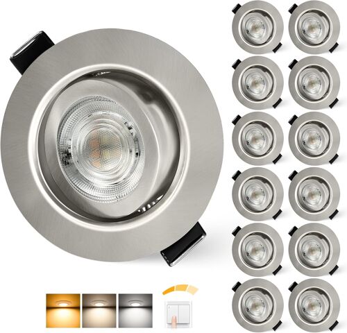 Subzonal-Spot Led Encastrable 230v Dimmable 68mm 5.5w Ip44 45° Rotatif Extra Plat Spots De Plafond Blanc Chaud Blanc Neutre Blanc Froid Spot Salle De Bain, Nickel Brossé Lot De 12