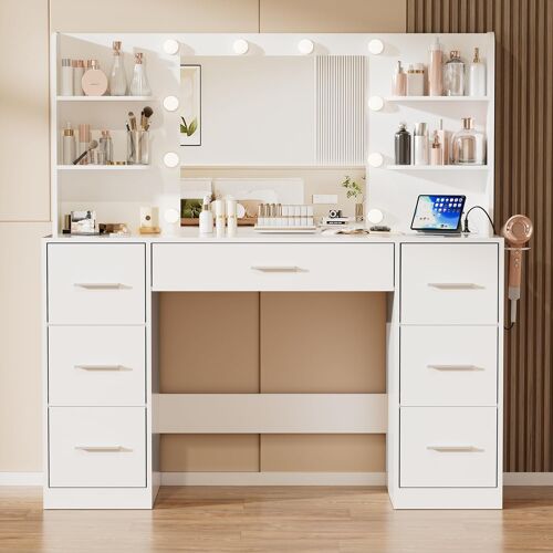SUBZONAL-Coiffeuse avec Miroir et Prise, 10 Ampoules LED à 3 Modes de Lumière, Table de Maquillage avec Rangement, 7 Tiroirs, 4 Étagères, Support pour Sèche-Cheveux, Meuble Moderne de Chambre (Blanc)