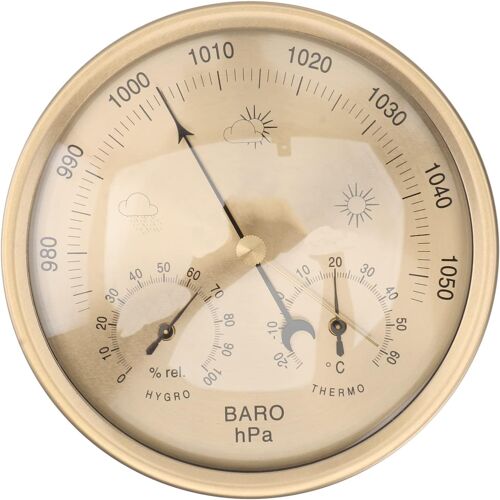 SUBZONAL-Station météo analogique 3 en 1 avec baromètre, thermomètre et hygromètre, construction en alliage d'aluminium et PMMA, cadran de 12,7 cm (5 pouces), finition dorée, pour une utilisation int
