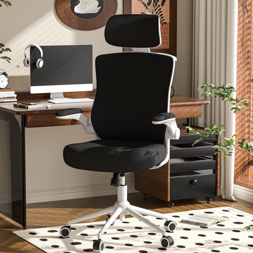 SUBZONAL-Chaise de Bureau Ergonomique, Fauteuil Bureau à Dossier Haut Mesh - Coussin Mousse Épais, Appui-Tête Réglable, Soutien Lombaire, Inclinaison Verrouillable et Porte-Vêtements (Blanc cadre noi
