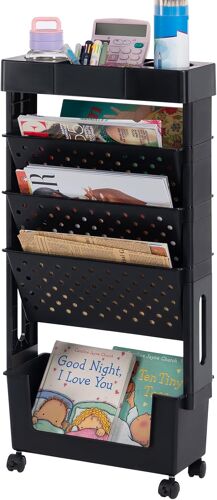 SUBZONAL-Petite Bibliothèque roulettes Mobile Livre Chariot de Rangement 5 Niveaux Étagère à Livres Chariot Roulant pour Salon Chambre à Coucher Bureau, Noir