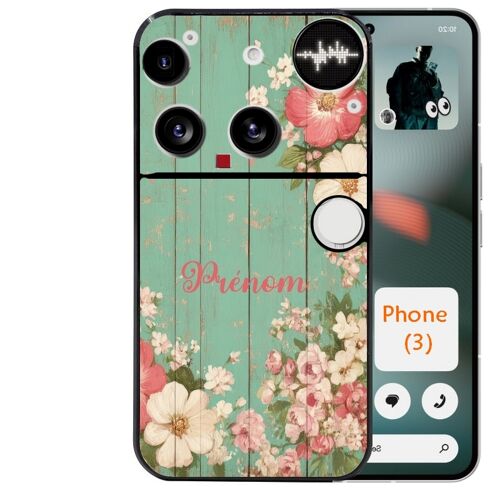 Coque noire Taperso pour Nothing Phone 3 avec motif bois et fleur avec votre prenom