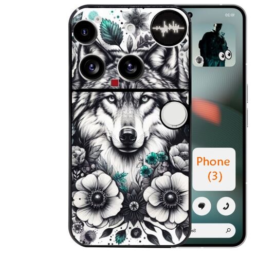 Coque noire Taperso pour Nothing Phone 3 avec motif loup et fleur
