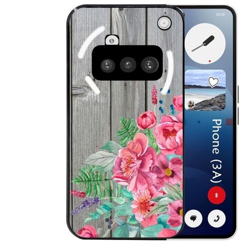 Coque noire Taperso pour Nothing Phone 3A avec motif bois gris et fleur rose