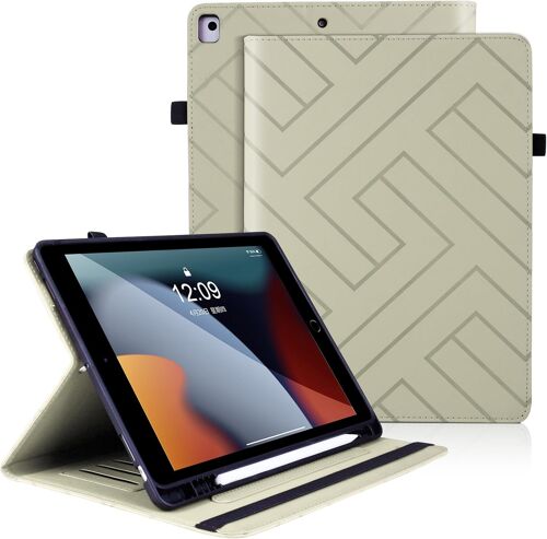KALANKA-Coque pour iPad 10,2 Pouces 9¿¿me/8¿¿me/7¿¿me G¿¿n¿¿ration 2021/2020/2019, iPad Air 3 10,5'' Cuir PU ¿¿tui Housse Pochette avec Veille/R¿¿veil Automatique et Porte-Stylo - Blanc cass¿¿