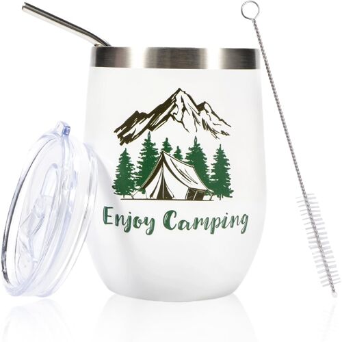 Kalanka-Enjoy Camping Essentials ¿C Tasse Avec Paille Et Couvercle ¿C Cadeau Personnalis¿¿ Pour Homme, Femme, Amateurs De Camping, Meilleur Ami, Blanc, 350 Ml
