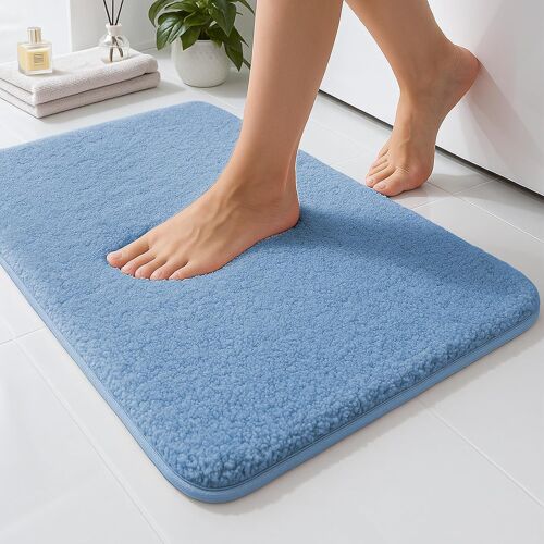 KALANKA-Tapis de bain moelleux à poils longs antidérapant super absorbant en microfibre lavable en machine Bleu 40 x 60 cm