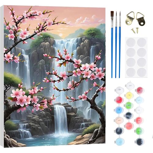 KALANKA-Cascades Peinture par Num¿¿ros Kit 20x30cm pour D¿¿butants avec Cadre en Bois ¿CPaysage Peinture Par Num¿¿ros Pour Adulte Enfants Kit DIY Pinceaux, Peintures D¿¿coration Murale