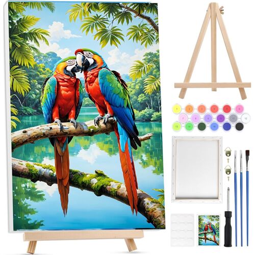 KALANKA-BOWETILE Perroquet Peinture par Num¿¿ros pour Adultes Avec Cadre, Kit Animaux Peinture Numero Adulte D¿¿butants Kit Toile avec Chevalet en Bois, DIY Peinture Acrylique pour D¿¿coration 20x30cm