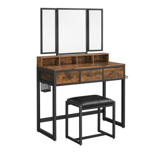 Table de maquillage avec tabouret, Marron Rustique + Noir