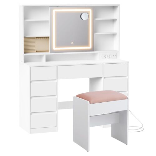 Coiffeuse 9 tiroirs tabouret loupe 10x éclairage 3 couleurs blanc