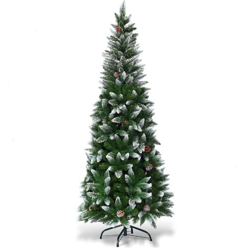 Sapin de noël enneigé mince avec pommes de pin base en métal 180cm