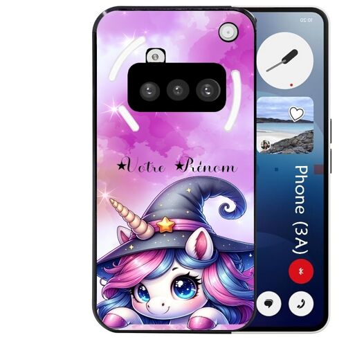 Coque noire Taperso pour Nothing Phone 3A avec motif licorne magic avec prenom