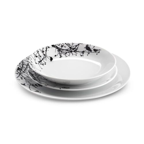 Service De Vaisselle 18 Pièces En Porcelaine Blanc Et Noir