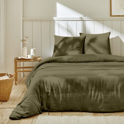 Parure Housse De Couette Gaze De Coton Kaki 240x220 Cm