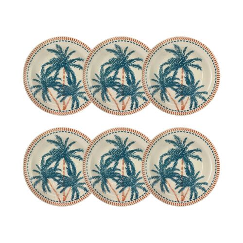 Lot De 6 Assiettes Creuses Dessin Tropical En Grès 21,5cm