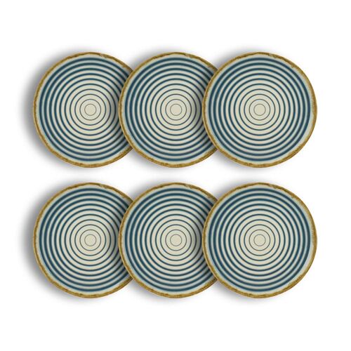Lot De 6 Assiettes Plates Spirale 27cm En Faience Bleu Et Beige