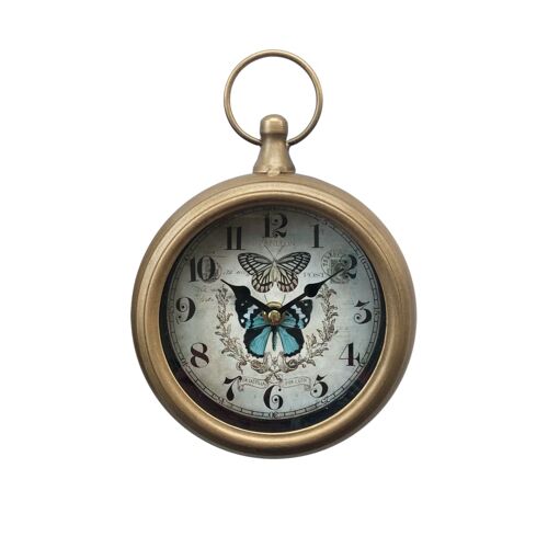 Petite horloge ronde métal doré papillons 16x23cm