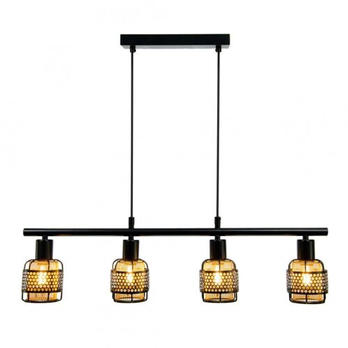 Suspension 4 lumières en métal grillagé noir et cuivré