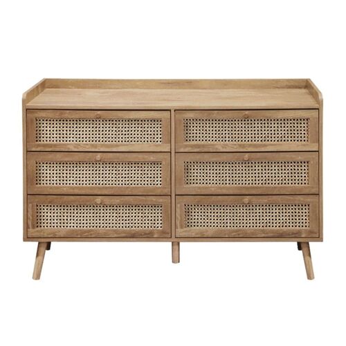 Commode 6 tiroirs avec façades en rotin naturel