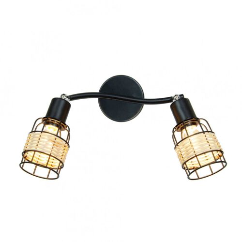Applique 2 Lumières En Métal Noir Et Rotin Tressé Naturel