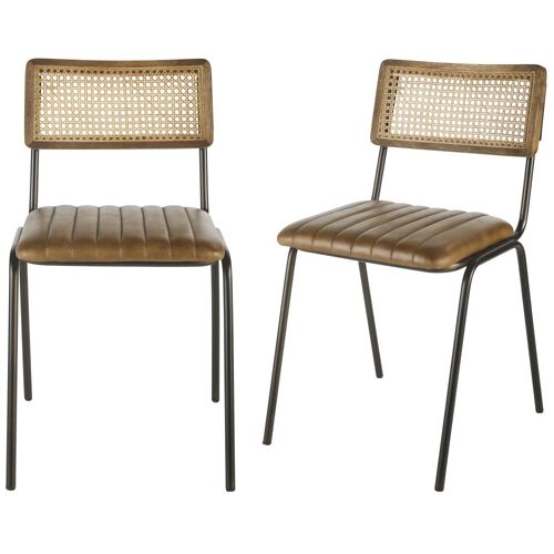 Chaises professionnelles en cuir de buffle marron, cannage en rotin et acier noir (x2)