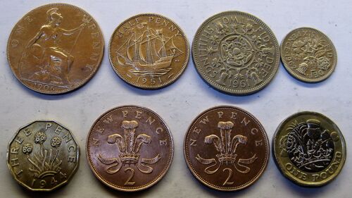 Lot 8 Pièces Monnaie Étrangère Royaume Uni, Penny Shillings Pence, (Lt-Et-4).