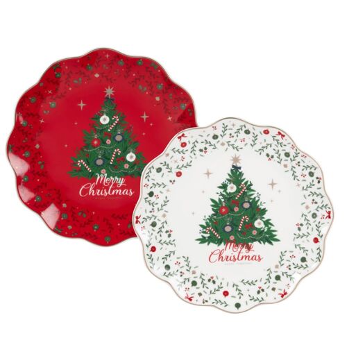Coffret Assiettes À  Dessert En Céramique (X4) Motifs Noël Beiges, Verts, Rouges Et Dorés