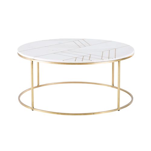 Table basse ronde en marbre reconstitué blanc et fer doré D90