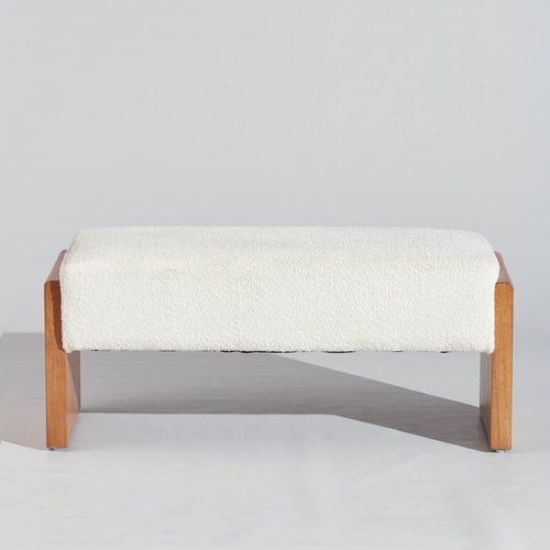 Banc en bois d'hévéa et textile écru